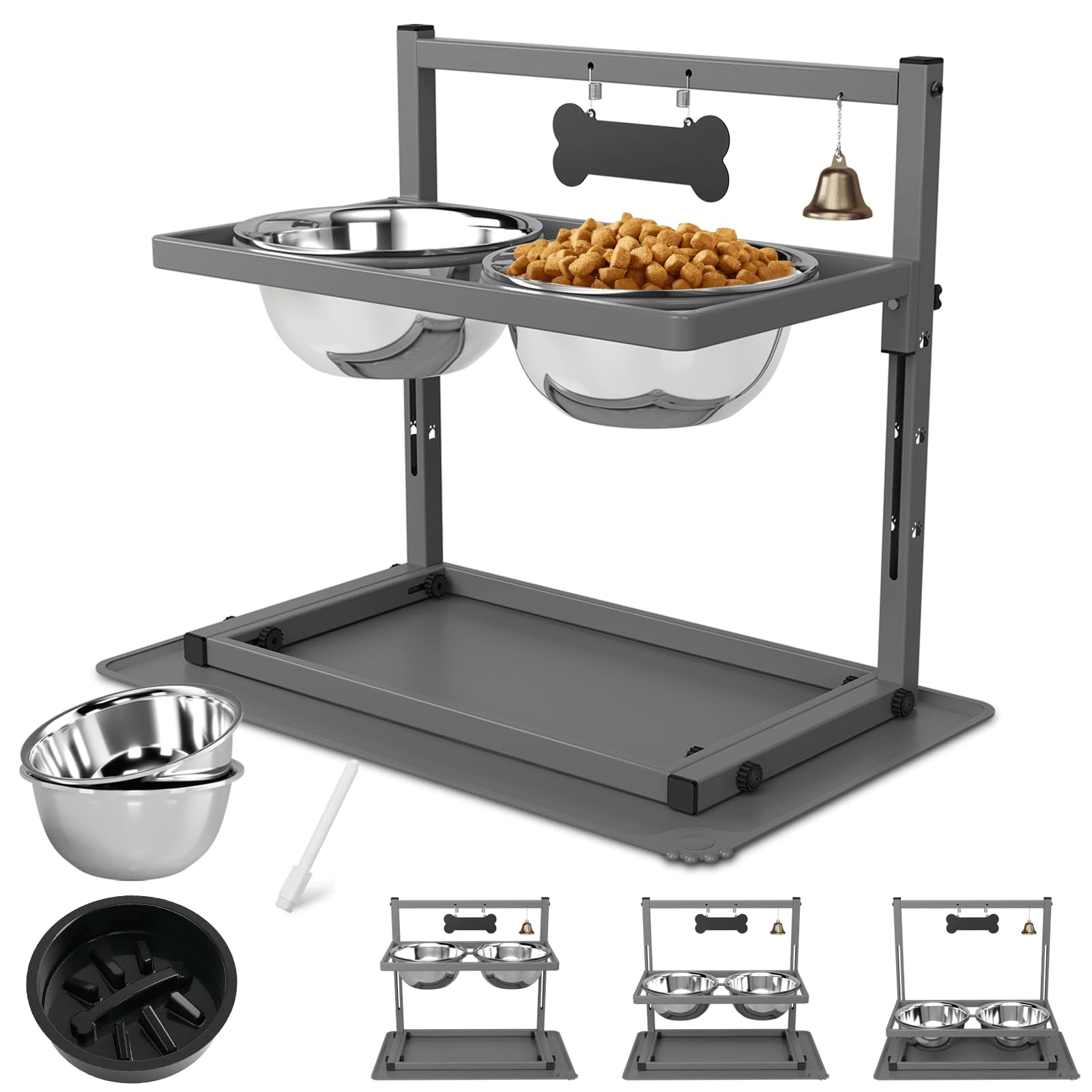 Photo 1 of SHAINFUN Grey Raised Dog Bowl Stand with Two 1700ml Stainless Steel Food Bowl, a Slow Feeder and Silicone Pet Feeding Mat, Adjustable Dog Feeder, Elevated Dog Bowls for Large Medium and Small Dogs