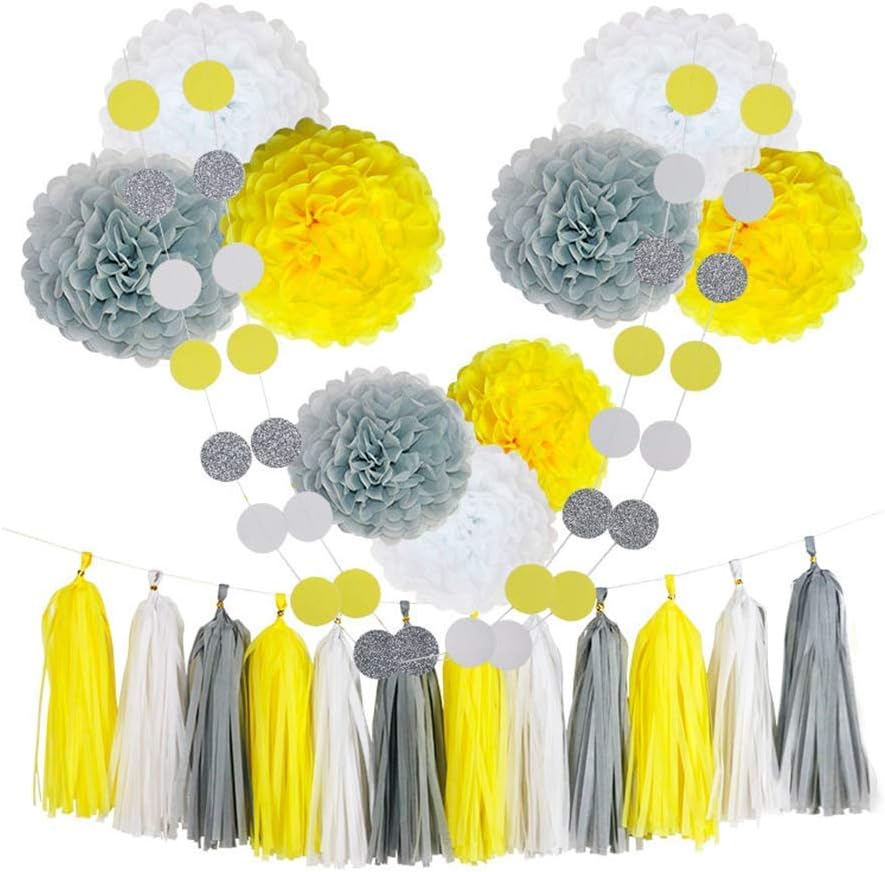 Monkey Home Tissue Pom Poms Paper Flowers,20 pcs of 8, 10, 14 Inch,Tissue Paper Tassel Paper Decorations for Birthday - Baby Shower - Wedding Decor (Yellow, White, Grey)