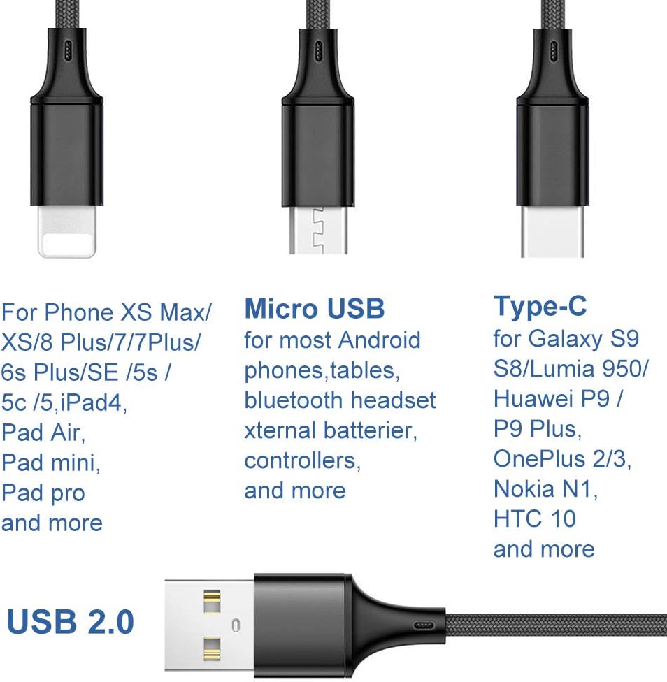 Multi Charging Cable, Multi Charger Cable 2Pack Short 1FT Nylon Braided Universal 3 in 1 Multiple USB Cable Charging Cord Adapter with Type-C, Micro USB Port Connectors for Cell Phone Tablets