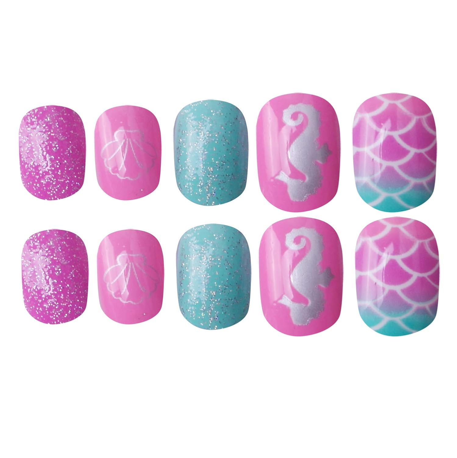 Amazon Com Siusio 120pcs Children Nails Press On Pre Glue Full Cover Glitter Gradient Color Short False Nail For Kids Little Girls Mermaid Beach Beauty