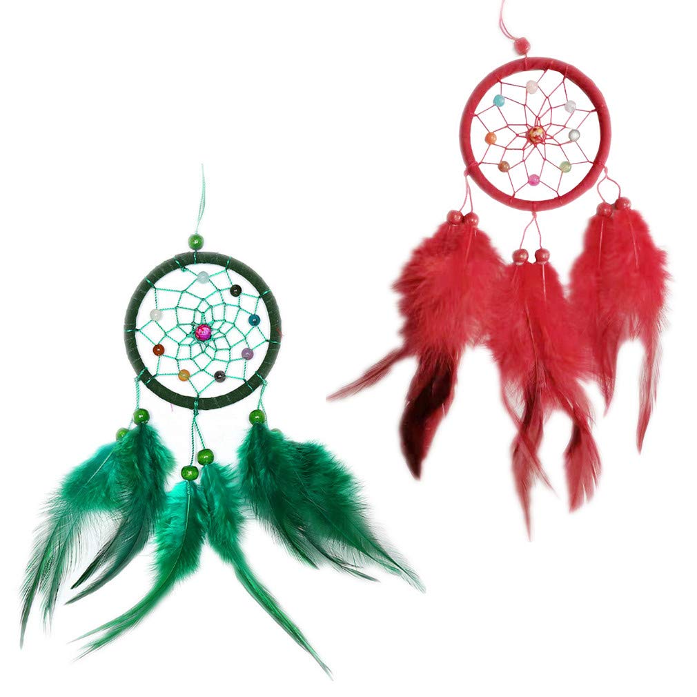 Morices 2 Pcs Feather Dream Catcher, Native American Indian Style Handmade Dreamcatcher for Bedroom Decoation, Exquisite Wall Art Hanging Ornaments for Car Home Garden Party Blessing Gift (Red+Green)