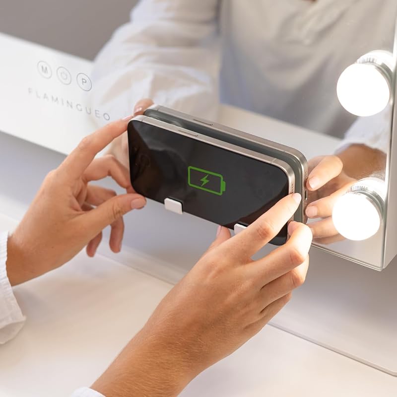 Schminkspiegel mit Beleuchtung - 15 LED - 3 Modi - Einstellbare Intensität - Touch Control - Wireless-Ladegerät für Mobiltelefone - Vergrößerungsspiegel Inklusive - Weiß - 64x12x54,5cm