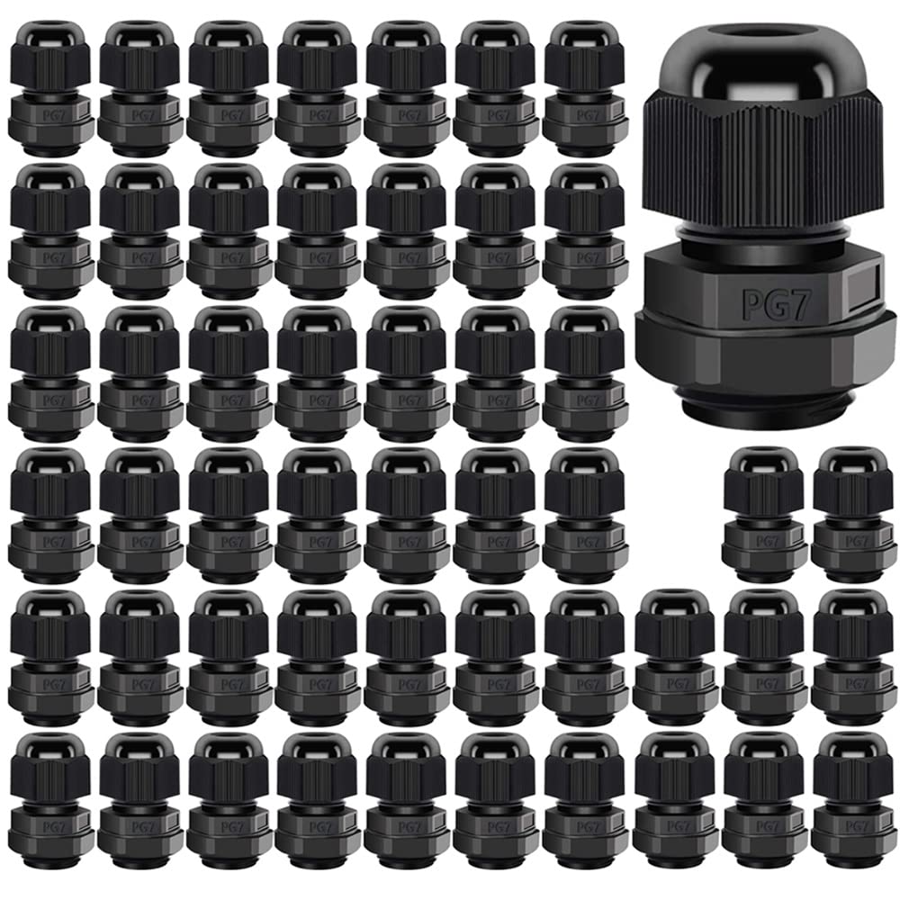 Gebildet Cable Gland, PG7 Plastic Waterproof Adjustable 3-6.5mm Cable Gland Joint with Gaskets, M12*1.5 Wire Connector, Wire Protector (Pack of 50, Black)