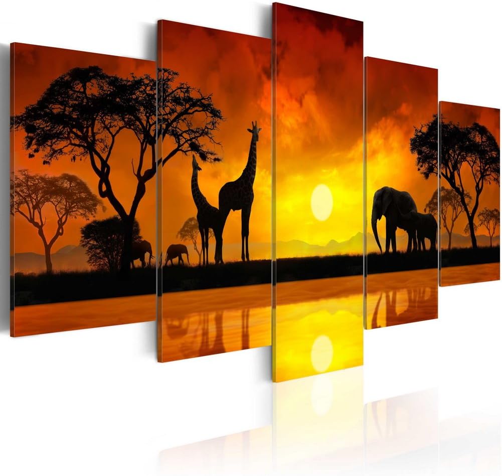 Konda Art 5 Piece Giraffe Canvas Wall Art African Landscape Sunset Tree Print Painting Home Decor Modern Animal Elephant Artwork for Living Room Framed and Ready to hang (Savanna - sunset, 40"x 20")