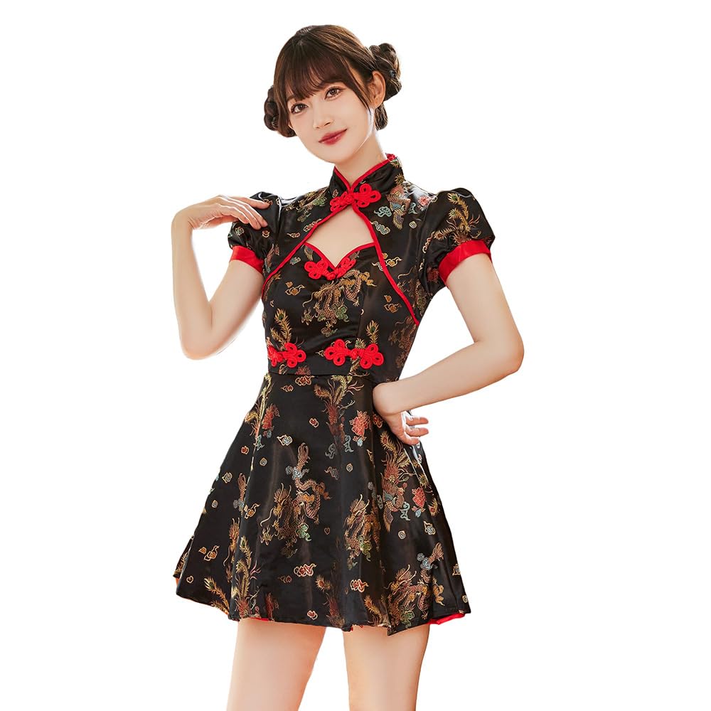 [ブライトララ] ハロウィン コスプレ 仮装 チャイナ チャイナ服 チャイナドレス ハロウィンコスプレ ミニ丈 中華風 レディース cos055-BK-XL の商品画像