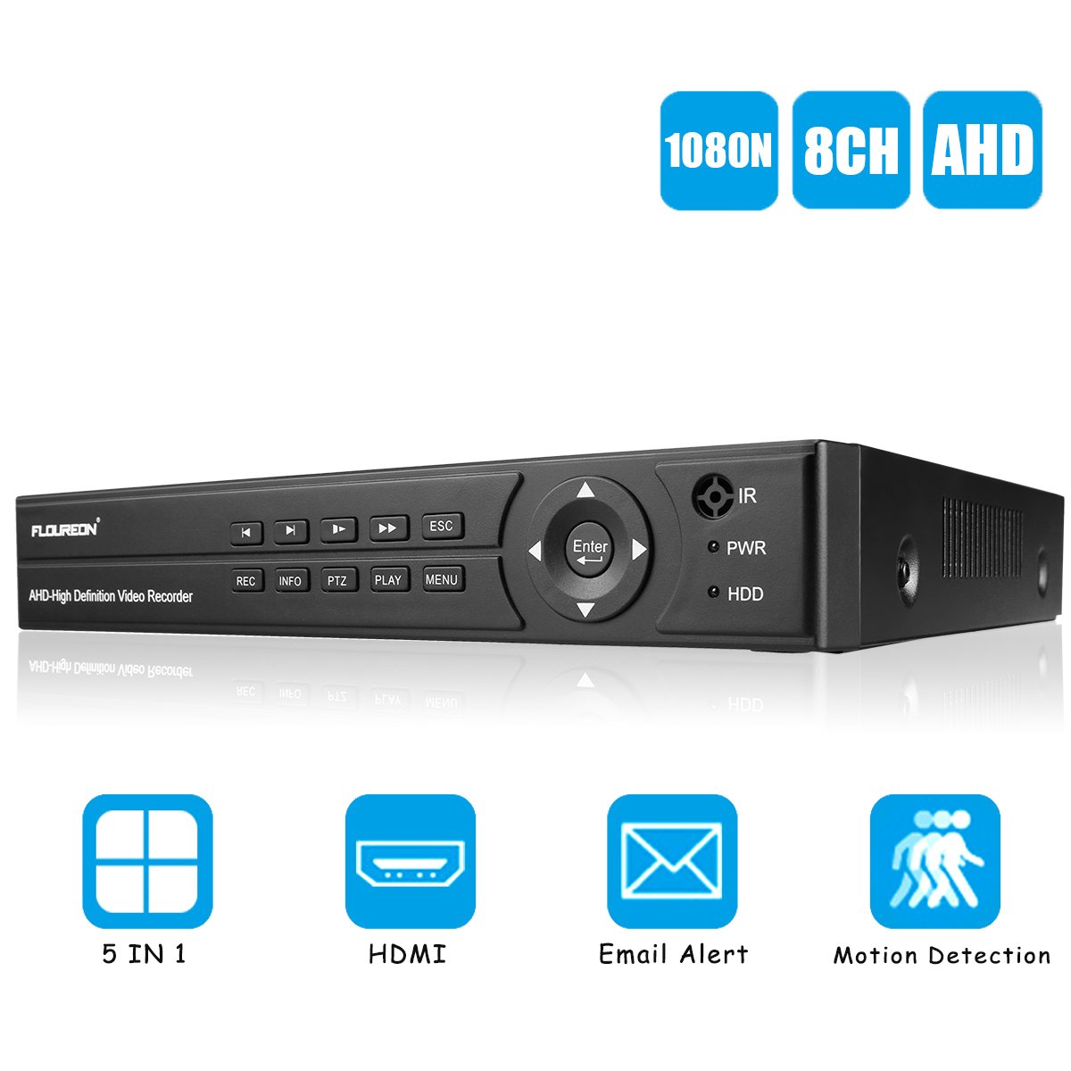 FLOUREON 8CH AHD DVR 1080N H.264 CCTV Security Digital Video Recorder PAL  Video Output Support TVI/CV/AHD/Analog Camera/Motion Detection Email  Alert/APP CMS ...
