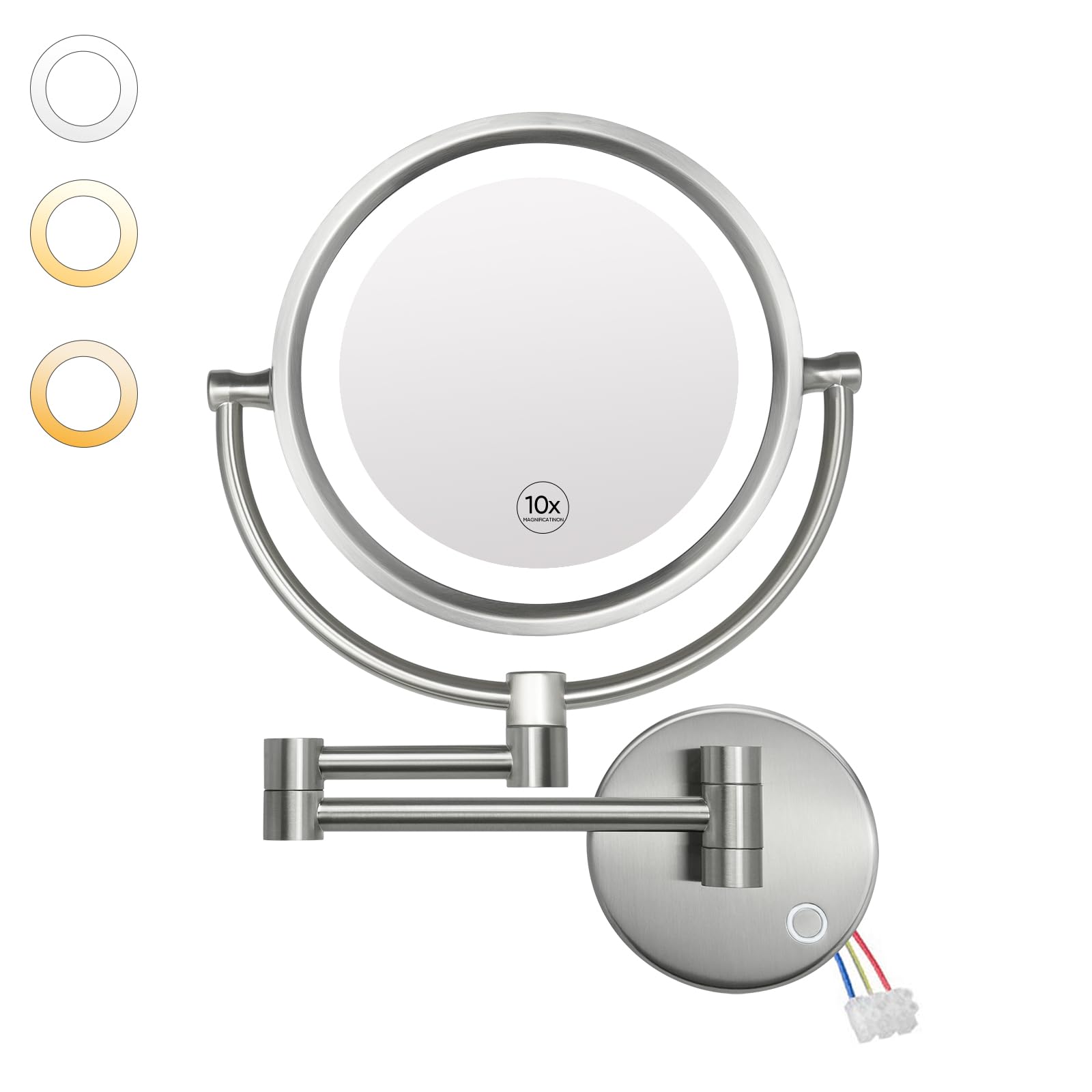 Photo 1 of GURUN Wall Mounted Hardwired Makeup Mirror with 3 Dimmable LED Lights 10x Magnifying Mirror for Bathroom Touch Control 13" Extendable Arm Direct Wire Brushed Nickel M1809DN (10x,Nickel)