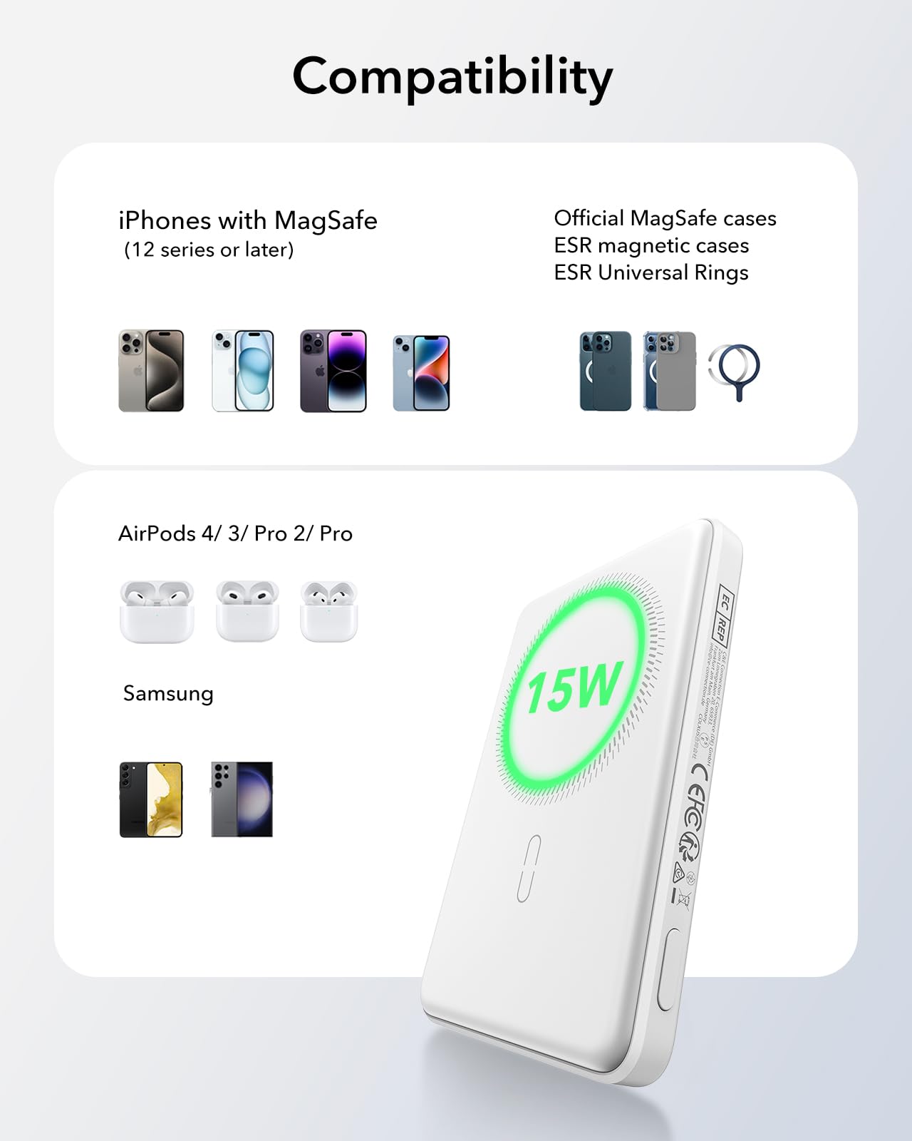 ESR 15 W zertifiziertes MagSafe Power Bank, 5.000mAh 15W schnelles tragbares Ladegerät, 1,4 cm kompakte Powerbank, MagSafe Ladegerät mit USB-C Kabel für iPhone 17/16/15/14/13/12/Google Pixel 10, Weiß 8