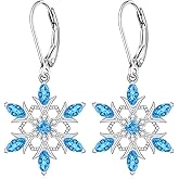 Snowflake Earrings for Women Sterling Silver Christmas Earrings Leverback Dangle Blue Snowflakes Jewelry Snow Holiday