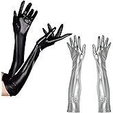 Luwint 2 Pairs Women Sexy Wet Look Black and Silver Long Gloves for Costume Cosplay Photoshoot