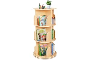 OOOK Kids Rotating Bookshelf, Small Corner Bookshelf for Small Space, 360° Display 3 Tier Floor Standing Bookcase Storage Rack, Wooden Narrow Bookcase Organizer for Bedroom, Living Room