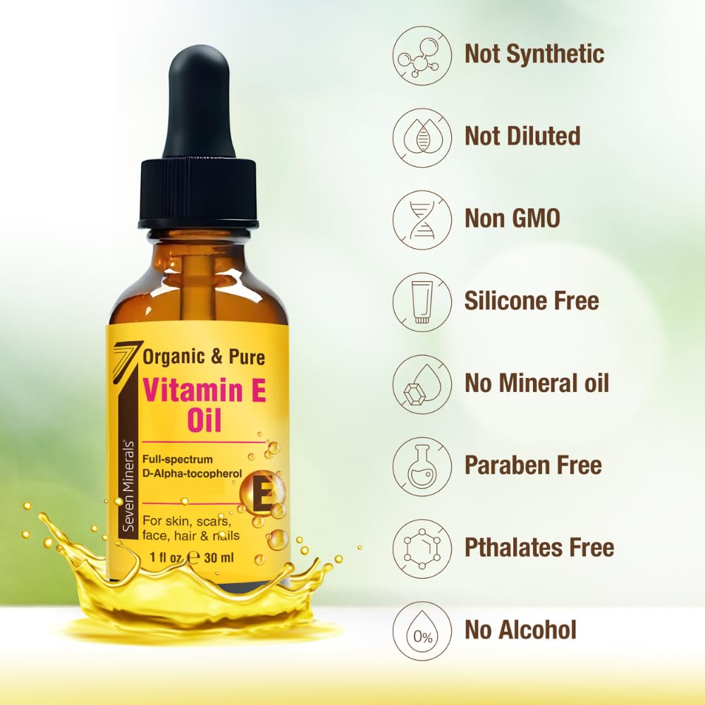 Seven Minerals Ultra Pure Vitamin E Oil - Full-Spectrum D-Alpha Tocopherol, 1 Fl Oz - 100% Organic Vitamin E Oil for Skin, Face, Hair, and Scars - Naturally Occurring = Not Synthetic