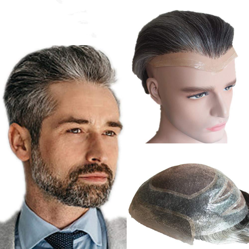 NLW Mens Grey Toupee Lace +PU base European Human Hair Toupee Gray Natural Hair pieces for men Human Hair Replacement System 110% Medium Density Men hair piece length 6 inch #1B40