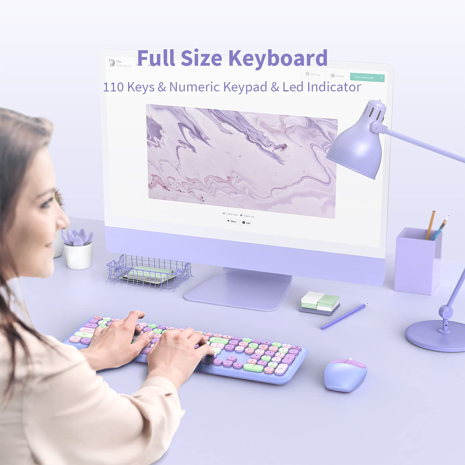 Wireless Keyboard and Mouse Combo, 2.4GHz Full-Sized Colorful Cute Keyboard Mouse Set with Retro Typewriter Flexible Round Keys for Windows, Computer, Laptops, PC Purple Colorful