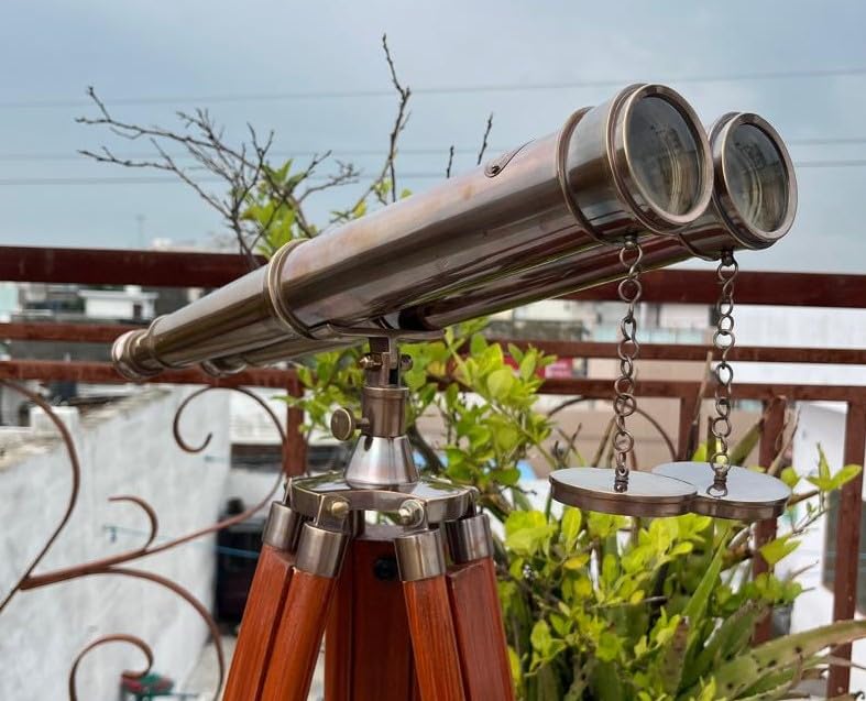 Photo 1 of ***ONLY CONTAINS WOODEN TRIPOD **Mary Nautical – 62" Floor-Standing Admirals Antique Brass Binoculars | Fully Functional Nautical Decor with Wooden Tripod