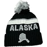 Robin Ruth Alaska Beanie Hat Heavy Black Grey White Alaska Map/Mixed Pom Pom