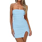 HYPERFIRE Women's Elegant Strapless Ruched Bodycon Mini Dress Cocktail Tube Dresses