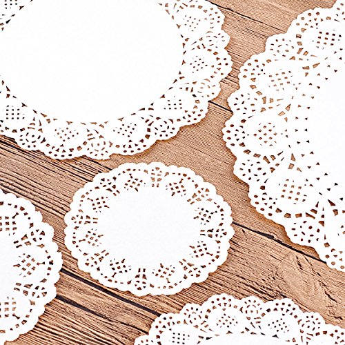 400-pack Round Lace Paper Doilies Decorative White Doily Lace Paper for Packaging Cake Pastry and Cookie (100-pack 4.5 Inch, 100-pack 6.5 Inch, 100-pack 8.5 Inch and 100-pack 10.5 Inch)