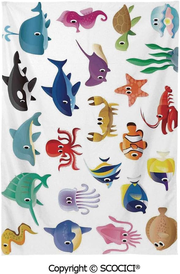 SCOCICI Spring and Easter Dinner Tablecloth,Whale,Variety of Marine Organisms Stingray Squid Sea Star Seahorse Sailfish Lobster Artwork,Multicolor