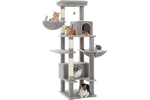 PEQULTI 66" Cat Tree for Indoor Cats Large Adult, Cat Tower with Sisal-Covered Scratching Post, Super Large Metal Hammock[20''X12''] and 2 Big Condos, Grey
