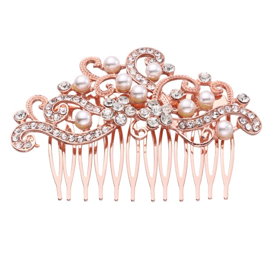 Lurrose Bridal Pearl Hair Comb Rose Gold Wedding Hair Accessory Elegant Side Comb for Women and Bridesmaids Party Headdress