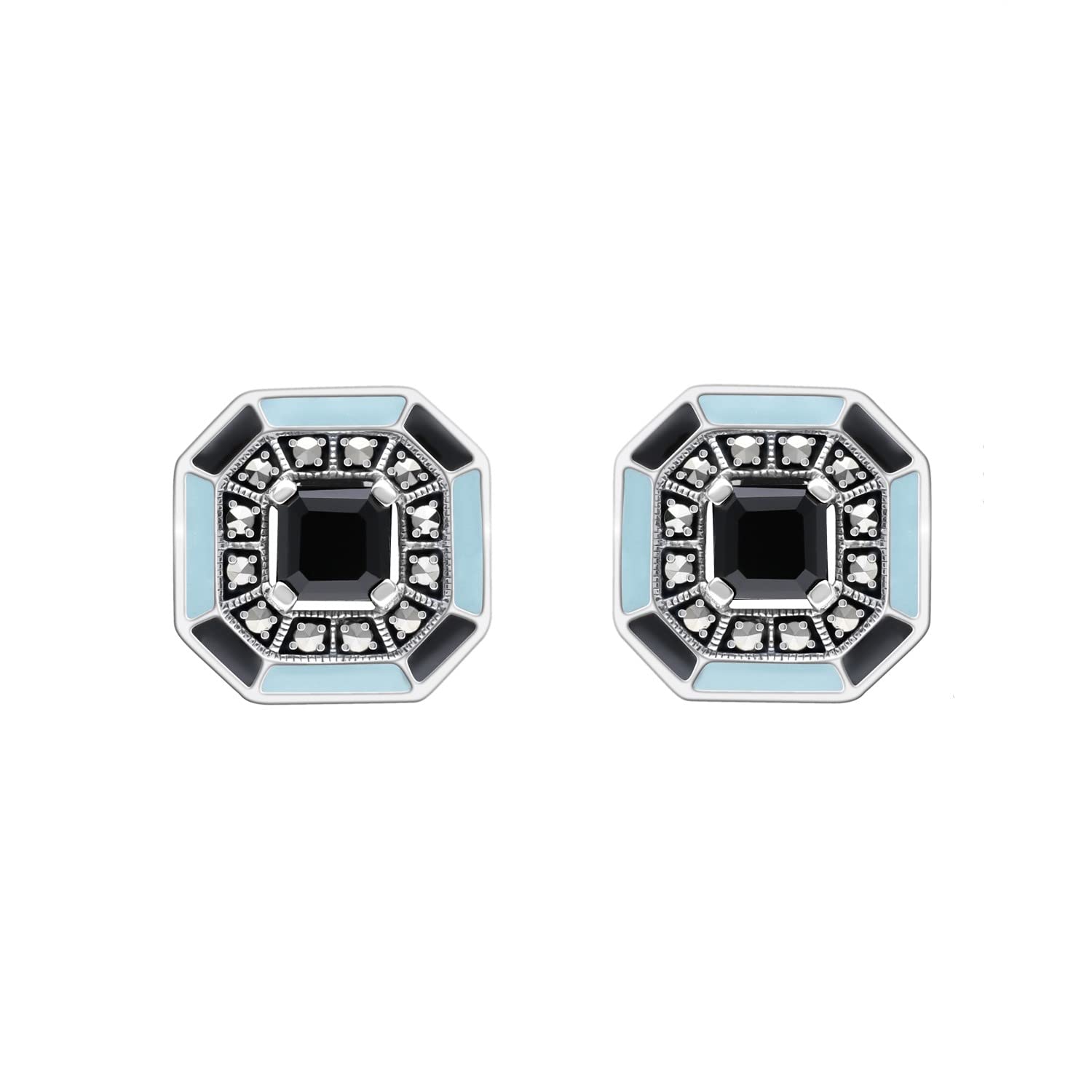 Esse Marcasite Sterling Silver Square Cut Black Onyx Marcasite & Enamel detailed Art Deco Stud Earrings