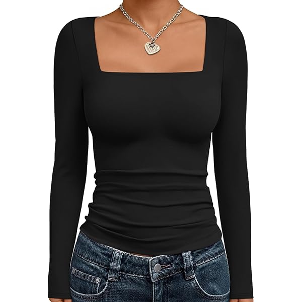 トップス SQUARE NECK LADY LIKE PLEATS TOP Square Neck Pleated Front Long Sleeve Top, Casual Curved Hem Tunic
