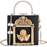 QZUnique Women Love Angel Floral Evening Bag Rose Embossed Formal Purse Clutch Black Gold Crossbody Pearl Chain Shoulder Bag