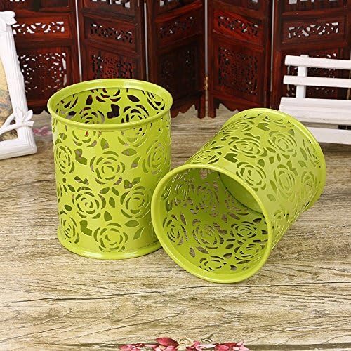 Flower Design Round Pencil Holder Desk Pen Containers Organizer Makeup Brush Holder Metal Pen Pot (Green)