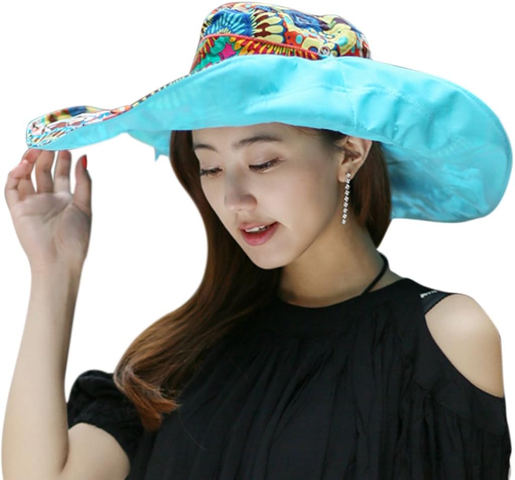 Women's Foldable Floppy Reversible Travel Beach Sun Visor Hat Wide Brim UPF 50+ Blue: Clothing
