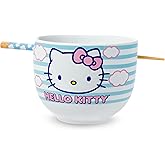 Silver Buffalo Sanrio Hello Kitty Blue and Pink Skies Ceramic Ramen Noodle Rice Bowl with Chopsticks, Microwave Safe, 20 Ounces