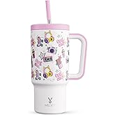 Meoky 24 oz Kids Tumbler with Handle: Glow in the Dark Tumbler with Lid and Straw - Keeps Cold for 24 hours - 100% Leakproof - BPA-Free for Travel Car Cupholders - Girls Students, Pink Whimsy