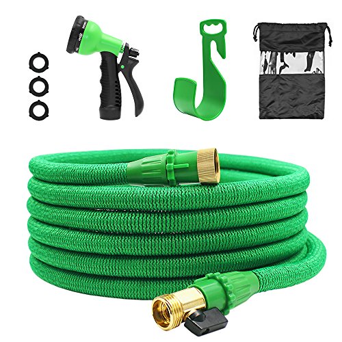 HIPPIH 50 Feet Garden Hose Expandable High Pressure with 3/4 Solid Brass Connectors and 8 Pattern Spray Nozzle