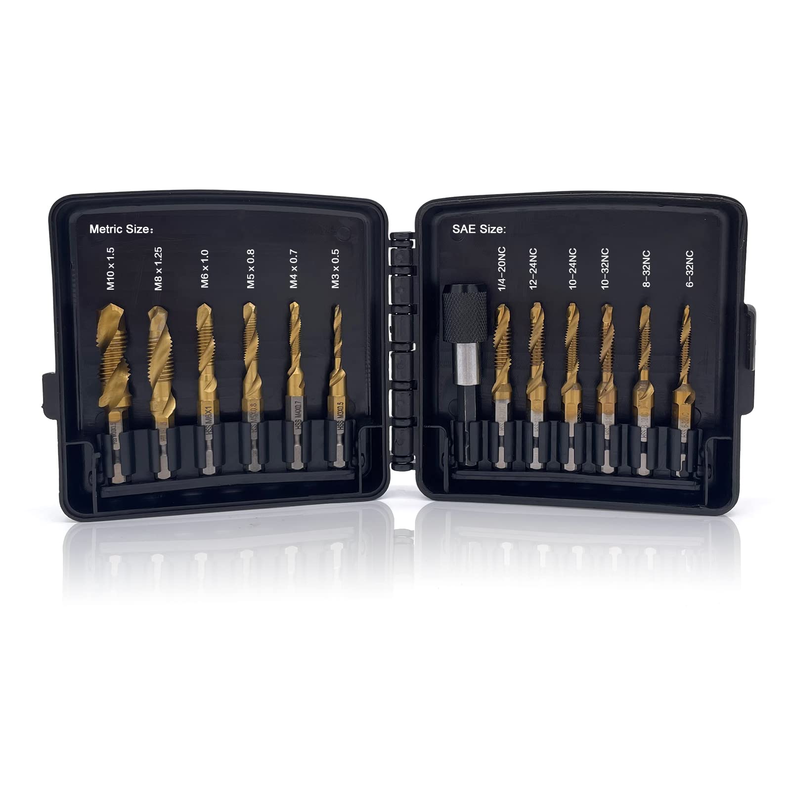 Photo 1 of Combination Drill & Tap Bit Set, 6 pc SAE (6-32NC ~ 1/4-20NC) and 6 pc Metric (M3 ~ M10) Titanium Coated Drill Bits Kit for Drilling Screw Threads Tapping Countersinking, with Quick Change Adapter