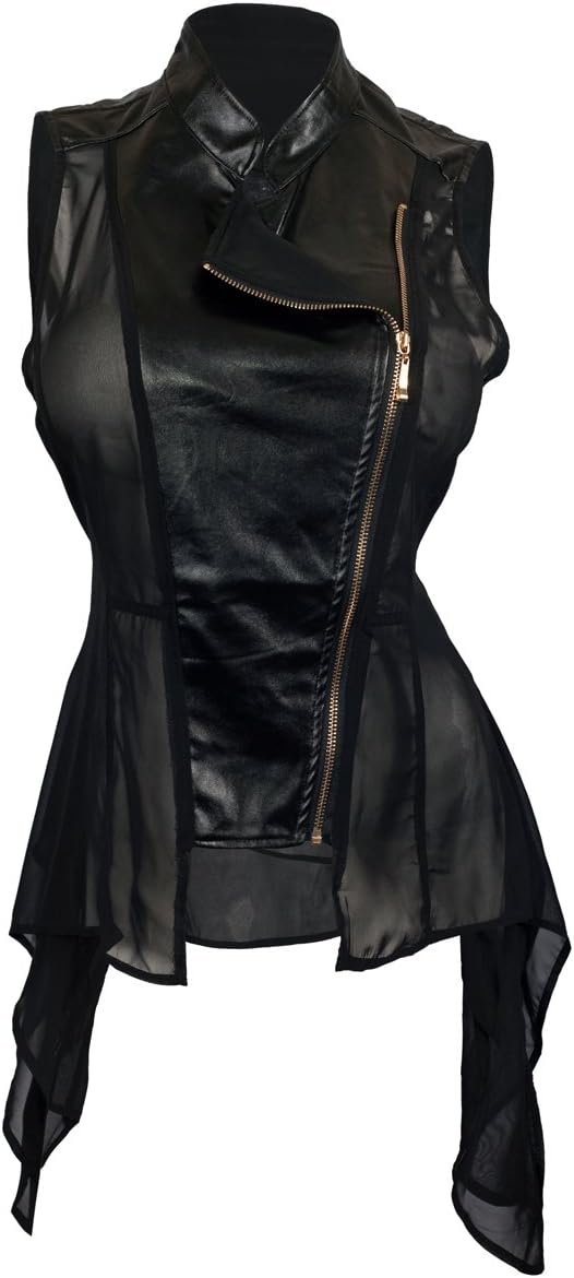 eVogues Women's Sleeveless Sheer and Faux Leather Panel Fashion Vest Jacket