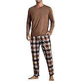 WDIRARA Men's 2 Piece Pajama Sets Long Sleeve Sleepwear Plaid Pants Pjs Set