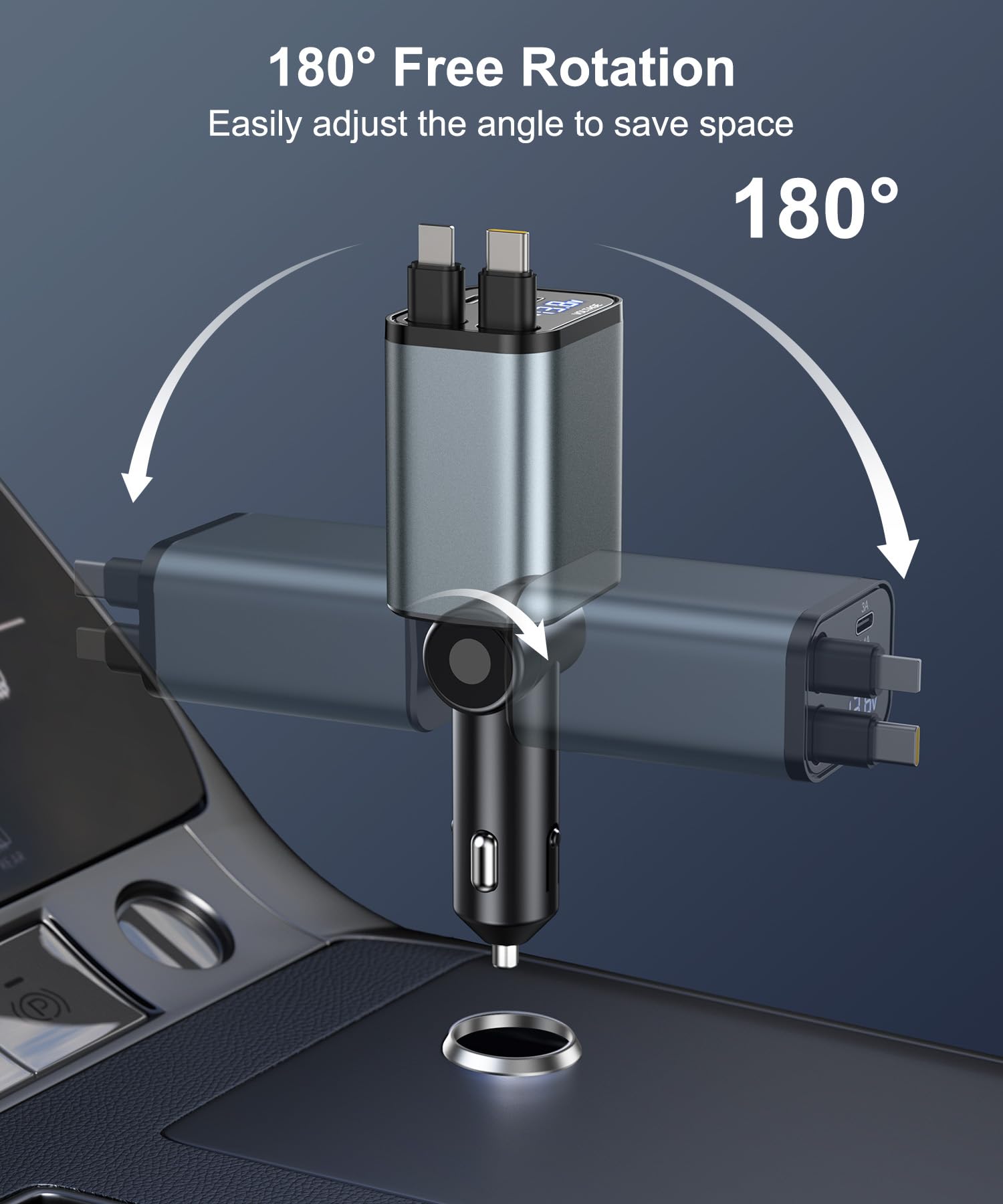 Gritin Retractable Car Charger, 69W Super Fast 4 in 1 USB C Car Charger Adapter with Smart Device-Adaptive Charging Technology&Instant Voltage Display, Accessories for iPhone17 16 Pro Max,iPad,Android