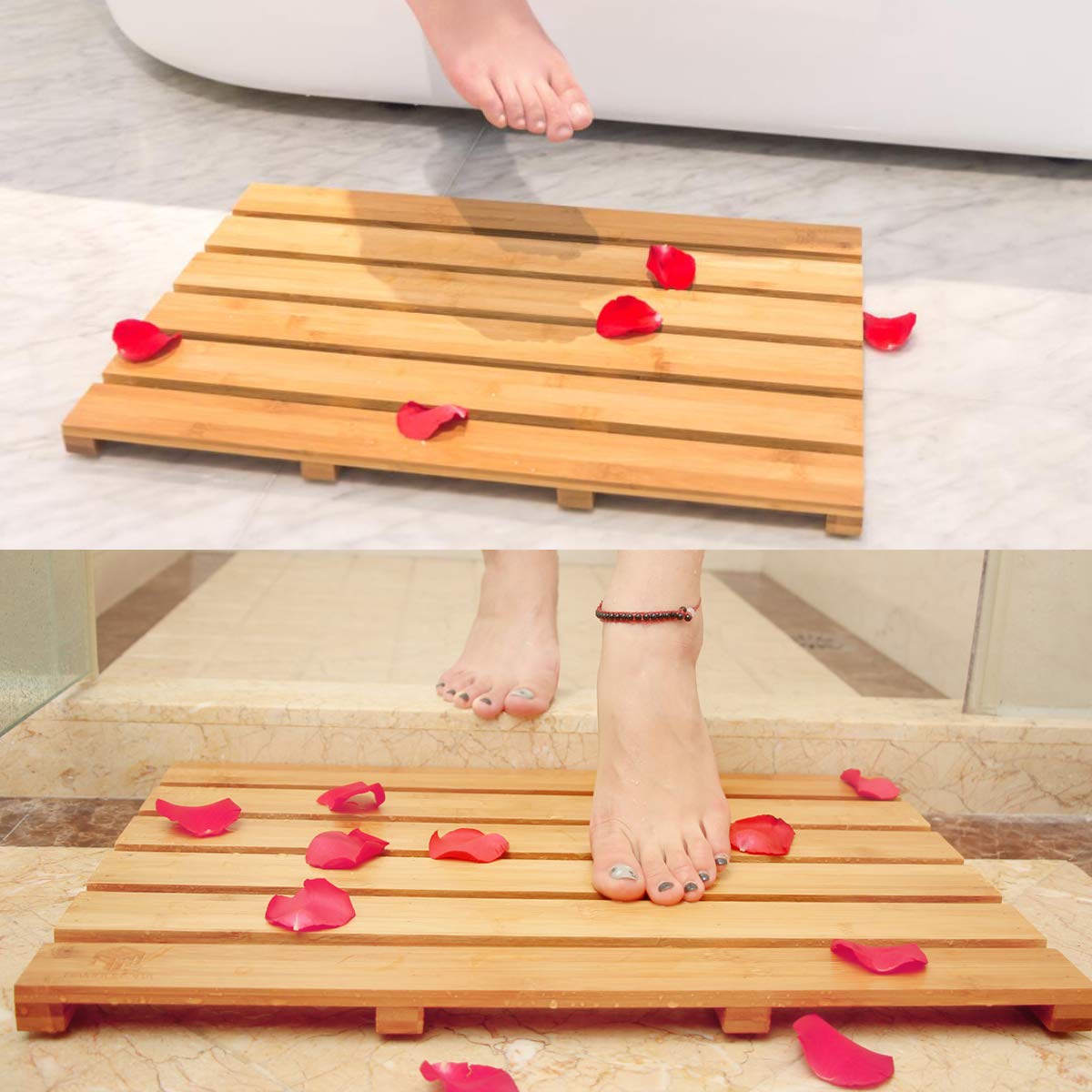 BAMBUROBA Bath Shower Mat Bamboo Bathroom Floor Non-Sliding Square Spa ...