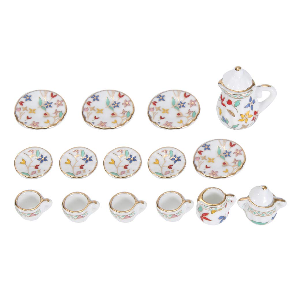 Yosoo Health Gear 15Pcs Tea Miniature, Beautiful Dollhouse Kitchen Miniature, Porcelain Verisimilitude for Living Room High Simulation for Home(Colorful floral)