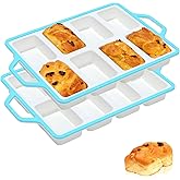SJ Silicone Mini Loaf Pans with Metal Reinforced Frame-2 Pack, Non-stick Silicone Mini Bread Loaf Pans for Baking 8-Cavity, Tiny Banana Bread Set, Dishwasher Safe Brownie Pan-Blue