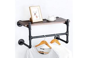 JIANZHUO Industrial Pipe Clothing Rack Wall Mounted with Wood Shelf,Rustic Retail Garment Rack Display Rack Cloths Rack,Pipe Shelving Floating Shelves