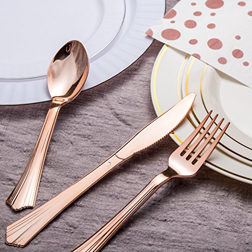 TBwisher 400 Pieces Rose Gold Disposable Flatware - Heavyweight Plastic Cutlery - Disposable Plastic Silverware Set - Includes 100 Paper Napkins, 100 Forks, 100 Spoons, 100 Knives