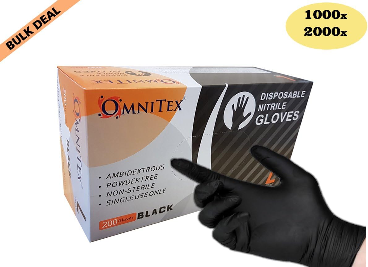 1000 / 2000 Case - Omnitex BLACK Nitrile Gloves, Powder Free, Ambidextrous, Examination Non Sterile, Bulk buy (Extra Large - 1000 Gloves)