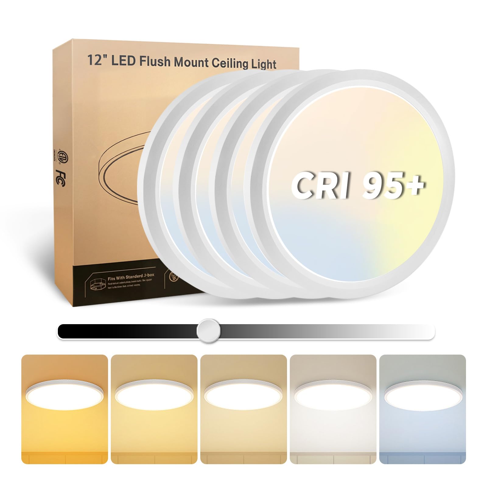 Photo 1 of EOSMILE 4Pack 12 Inch LED Flush Mount Ceiling Light, 25W, 3000LM, CRI 95+, 2700K-5000K 5CCT & Dimmable, White Round Surface Flat Panel Light for Hallway, Kitchen, Bedroom, Laundry Room