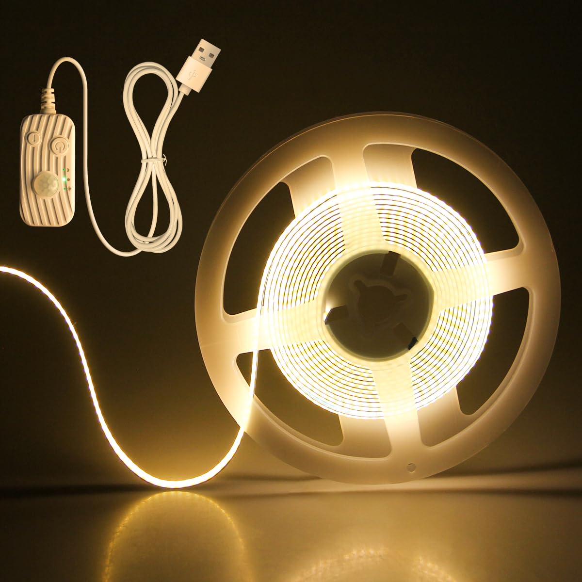 Aclorol 5V USB COB LED Strip 3M Motion Sensor Light Indoor Warm White 3000K Movement Activated Auto ON/Off Dimmable LED Tape with 1.5M USB Powered Cable for Stairs Under Bed Cabinet Lighting 960LEDs