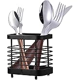 KEINEUX Utensil Holder Kitchen Countertop Organizer, Cutlery Drainer Sink Caddy Storage Drying Rack for Silverware Flatware and Cookware Stainless Steel(Black-S)