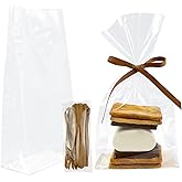 EKAPACKAGING 50 Pcs 4x2x8 Inch Gusseted Flat Bottom Cellophane Bags with Ribbon and Cardboard Insert for Smores and Cupcakes