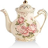 YOLIFE Small Pink Rose Teapot, 25oz/ 2 Cup Vintage Ivory Ceramic Tea Pot, Floral Teapot with Gold Trim, Gifts for Women