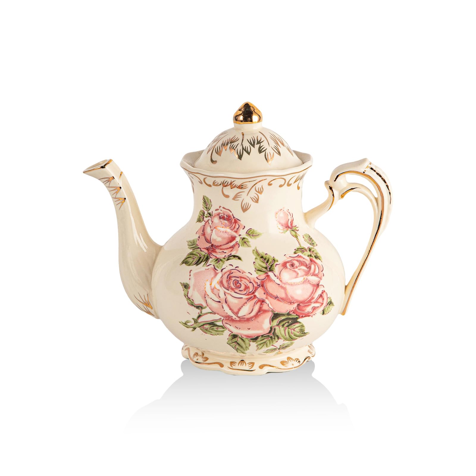 YOLIFE Pink Rose Teapot, 800ml - 4 Cup Ceramic Teapot, Vintage Ivory Floral with Gold Leaves Edge Design, Gift for Women