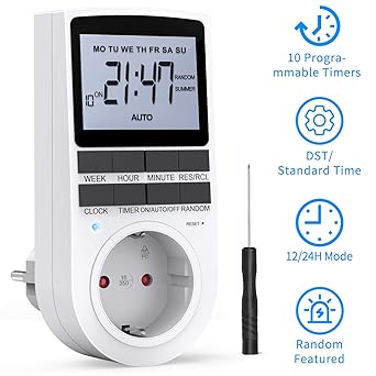 RATEL Digitale Elektronische Zeitschaltuhr Steckdose, 10 Programmierbarer Plug-In-Timer-Schalter mit Reset-Tool, LCD Display 
